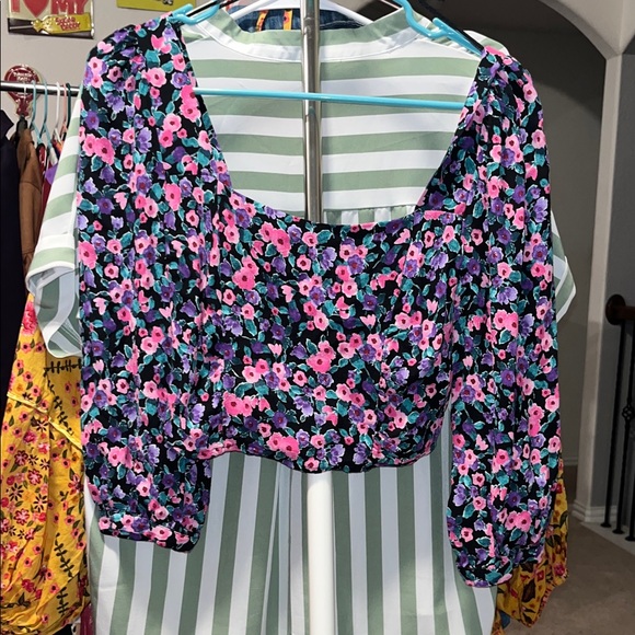 Zara Tops - Zara Floral Crop Blouse - Black and Pink